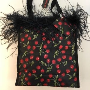 Black Nylon Tote w/ Red Cherries /Ostrich Feathers